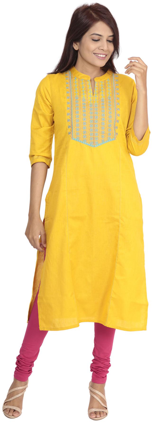 

South India Shopping Mall Women Yellow Embroidered Straight Kurti
