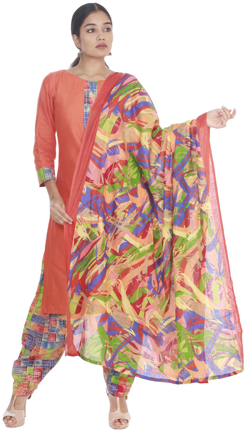 

South India Shopping Mall - Hosh Women Orange Cotton Dress Material