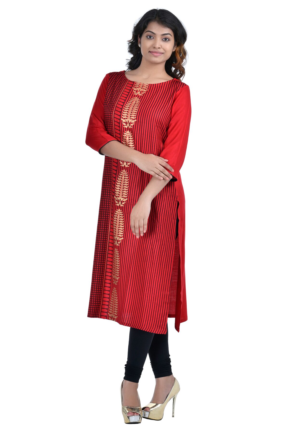 

South India Shopping Mall Women Rayon Striped Straight Kurti - Red