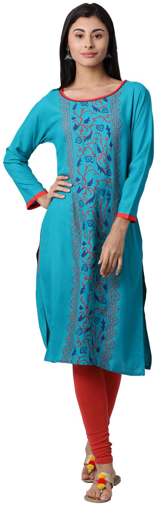 

South India Shopping Mall Women Turquoise Floral Straight Kurti