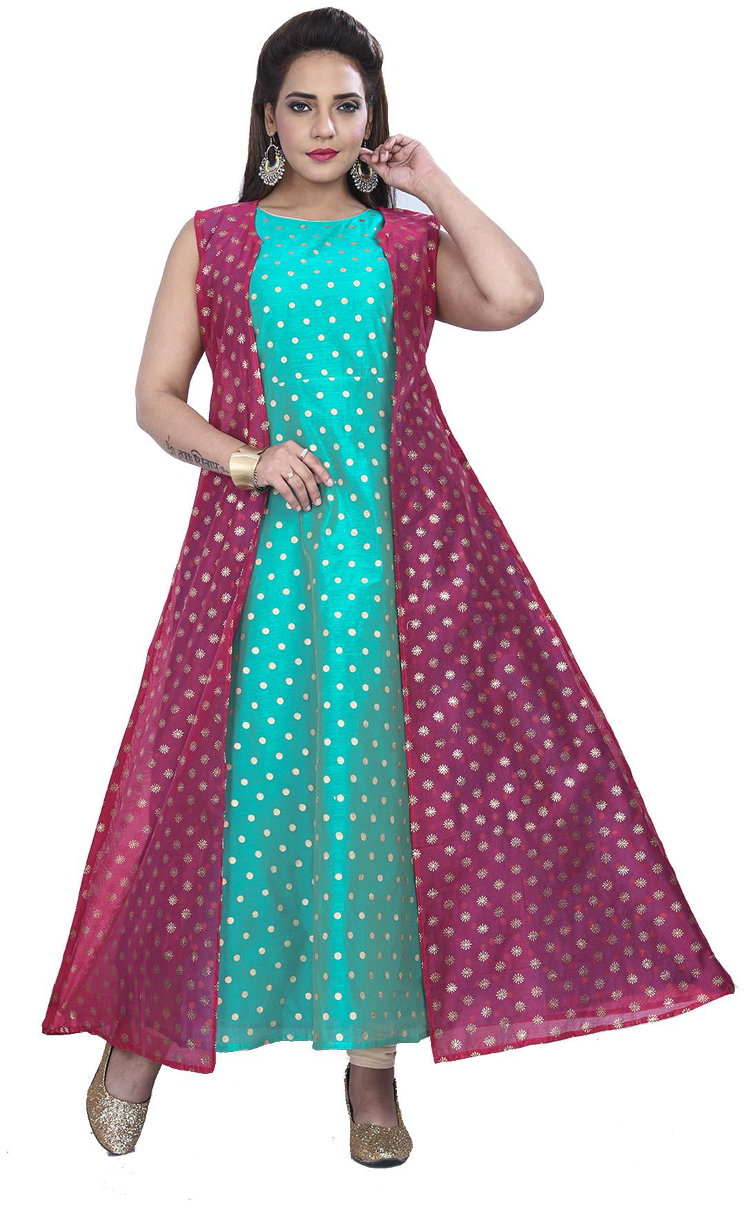 

South India Shopping Mall Women Blended Printed Gown Turquoise Pink