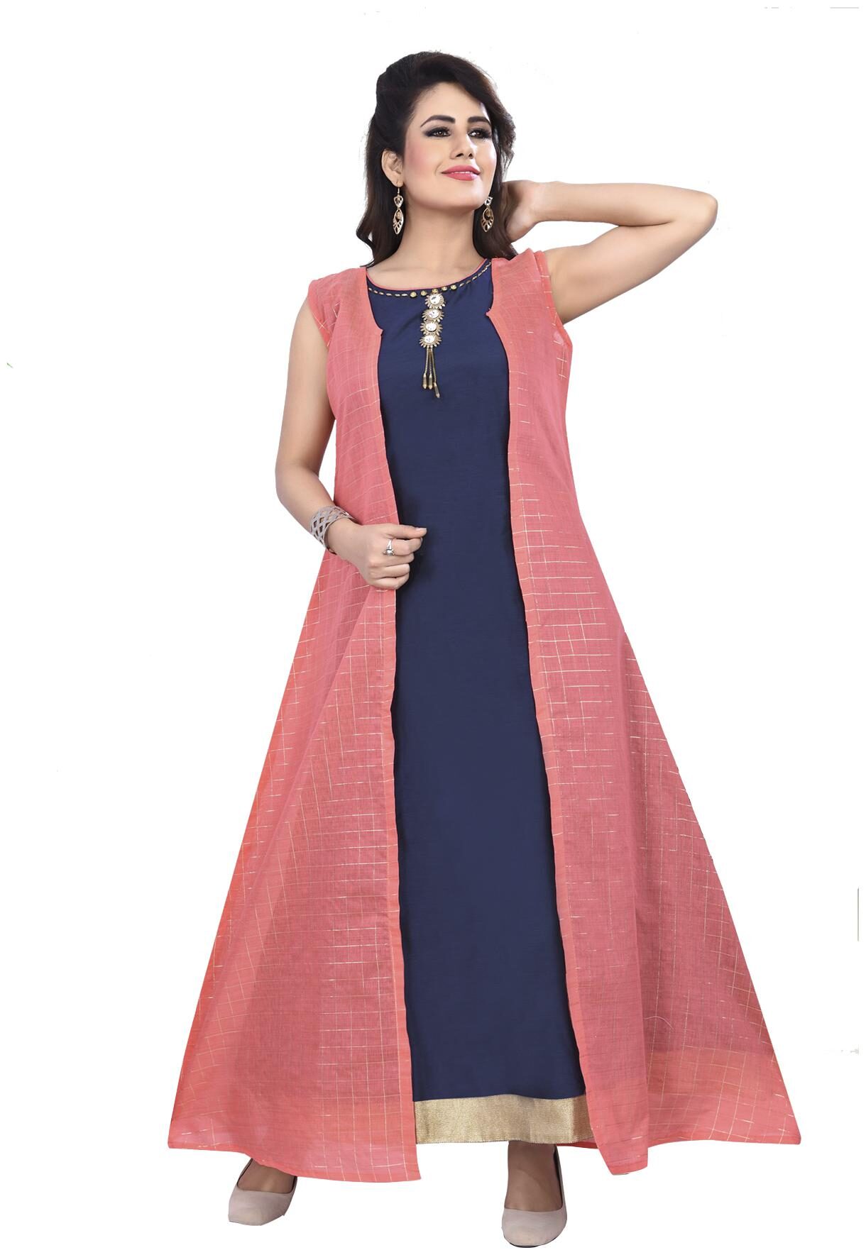 

South India Shopping Mall Women Blended Printed Gown Blue Peach