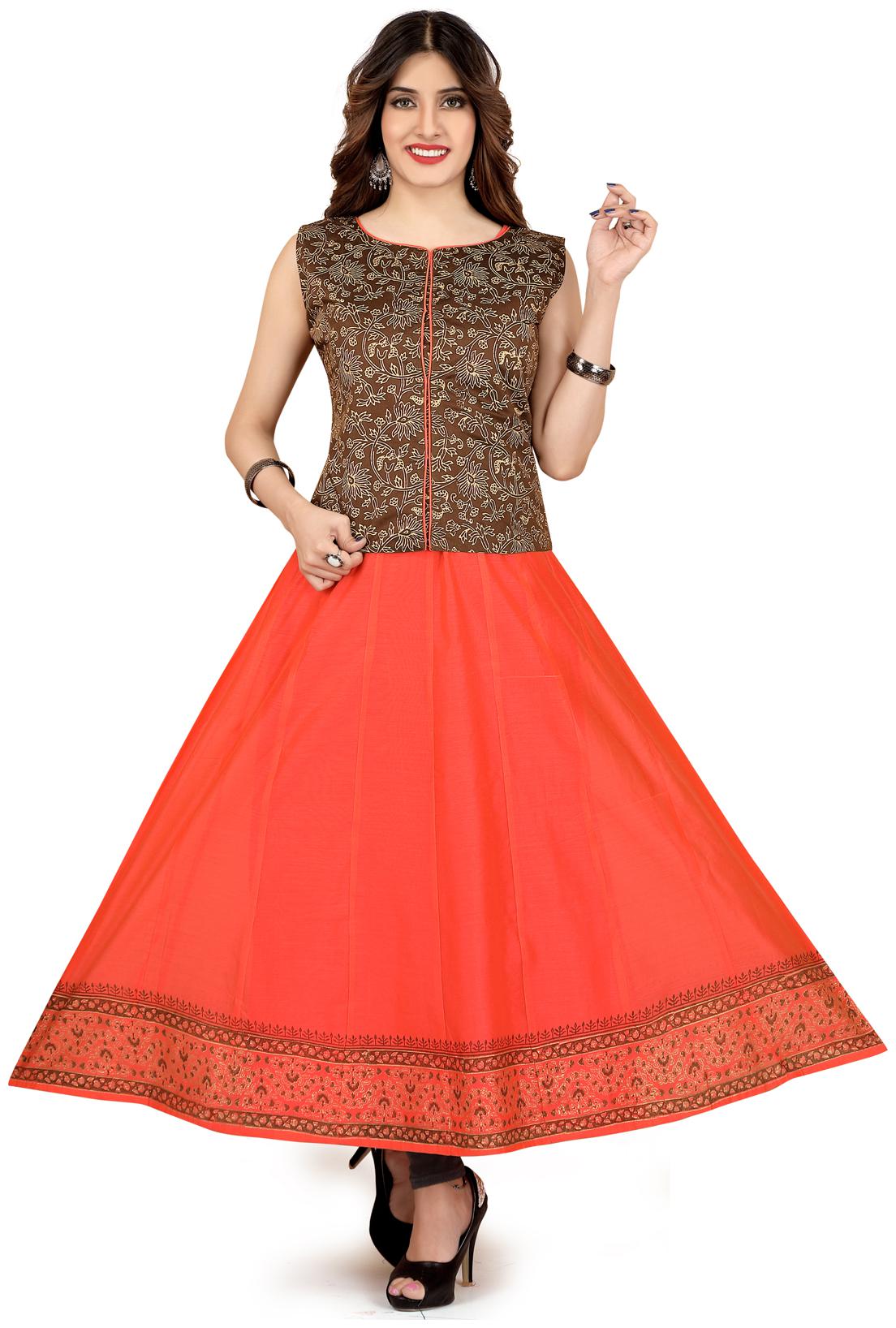 

South India Shopping Mall Orange Brown Botanical Prints Poly Chanderi Women Gown
