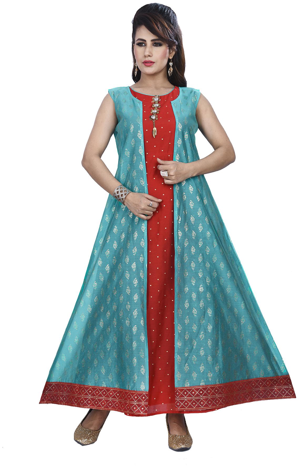 

South India Shopping Mall Women Blended Printed Gown Red Turquoise
