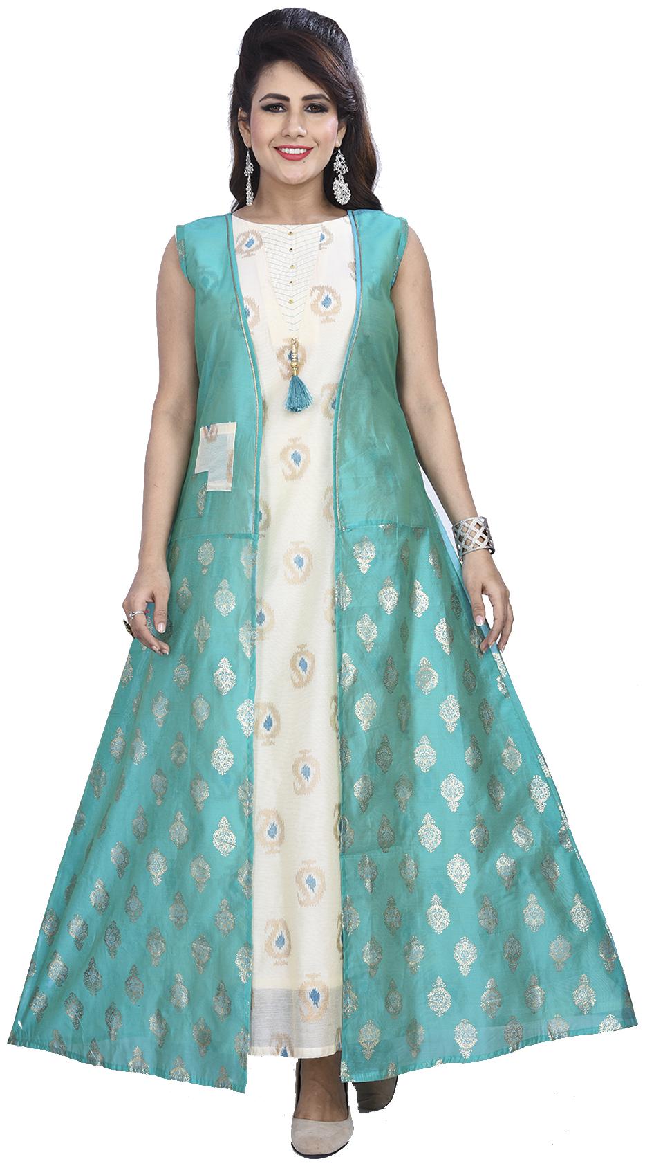 

South India Shopping Mall Women Blended Printed Gown Turquoise Beige