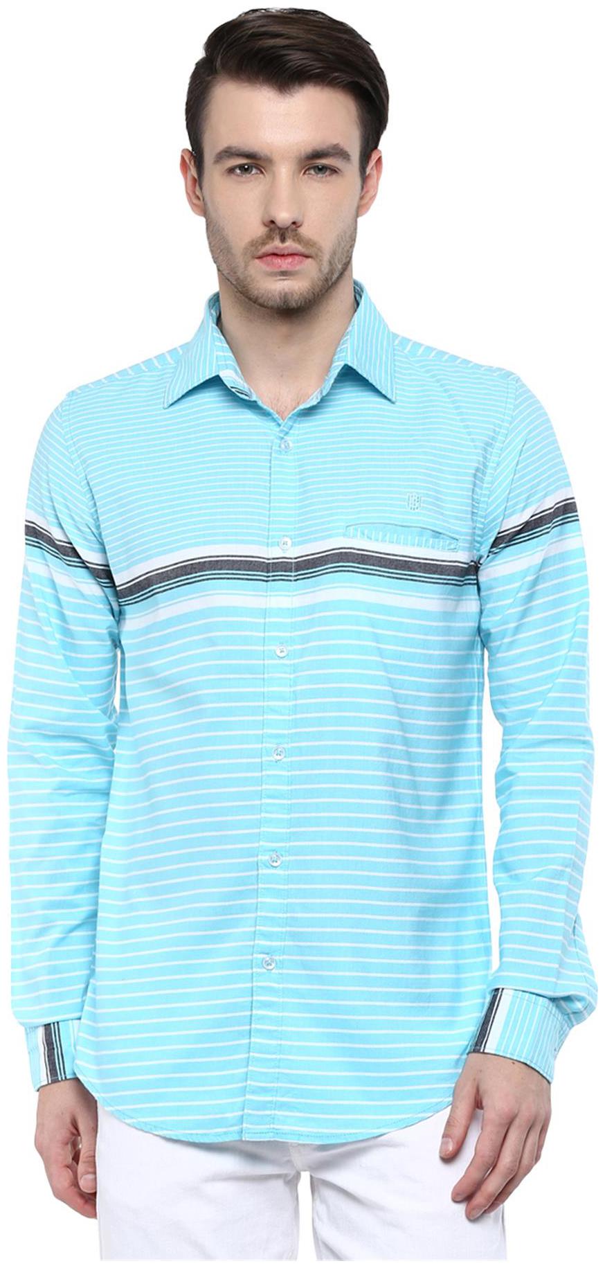 

SPEAK Men s Blue Horizontal Stripes Cotton Casual Shirt