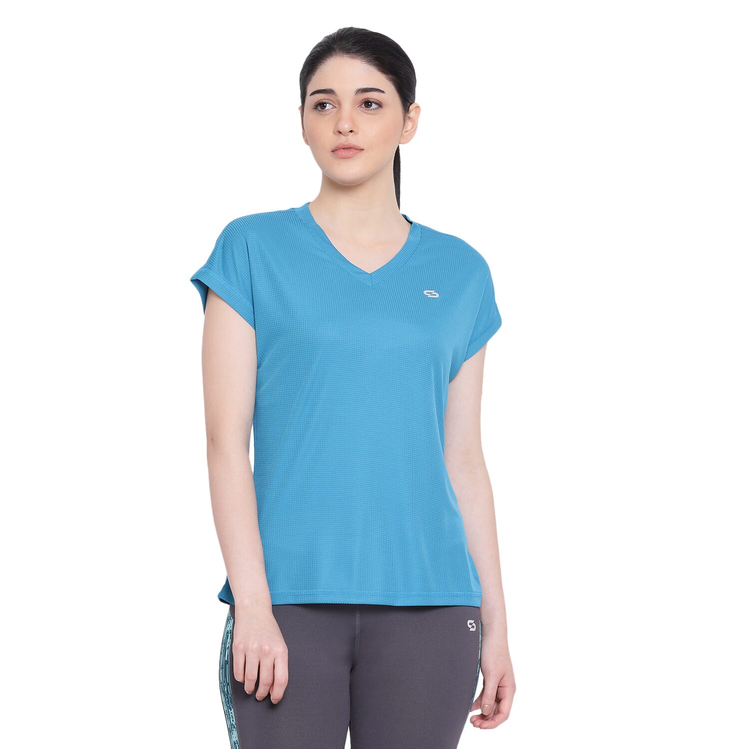 

SPOLEI Women Turquoise Regular fit V neck Polyester T shirt