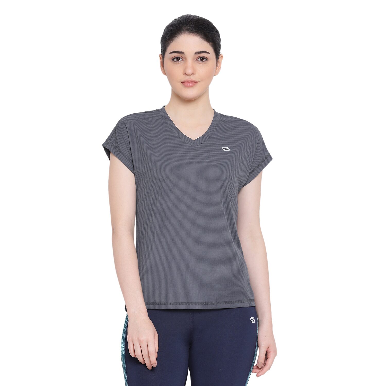 

SPOLEI Women Grey Regular fit V neck Polyester T shirt