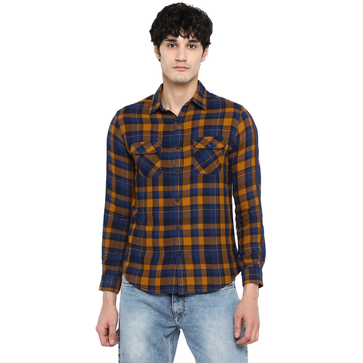 

Spykar Men Yellow Blue Checked Slim Fit Casual Shirt