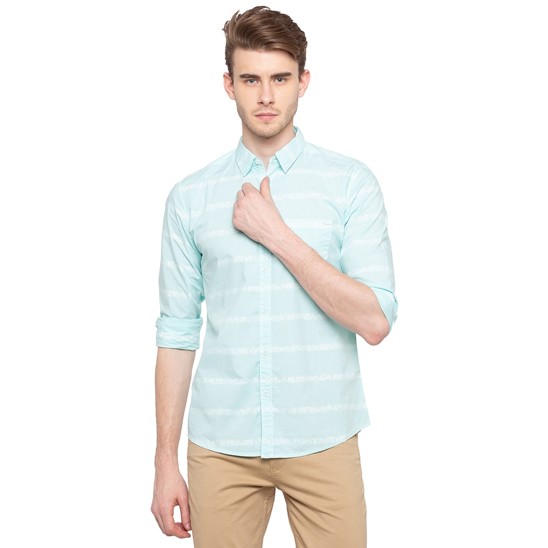 

Spykar Cotton Turquoise Blue Horizontal Stripes Shirt For Men