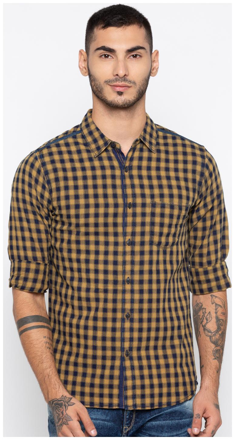 

Spykar Men Yellow Blue Checked Slim Fit Casual Shirt