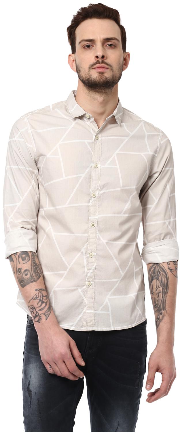 

Spykar Men Beige White Printed Slim Fit Casual Shirt