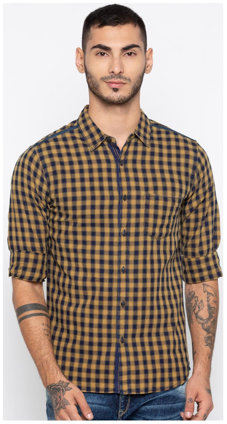 

Spykar Men Yellow Blue Checked Slim Fit Casual Shirt