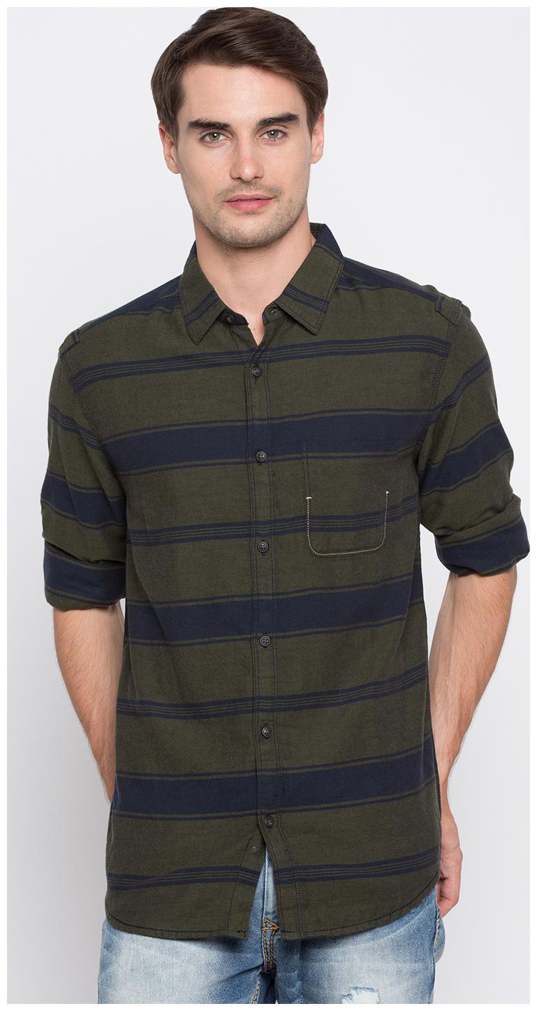 

Spykar Men Green Blue Horizontal Stripes Slim Fit Casual Shirt