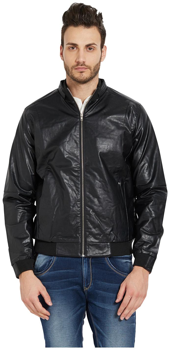 

Spykar Men Black Solid Leather jacket