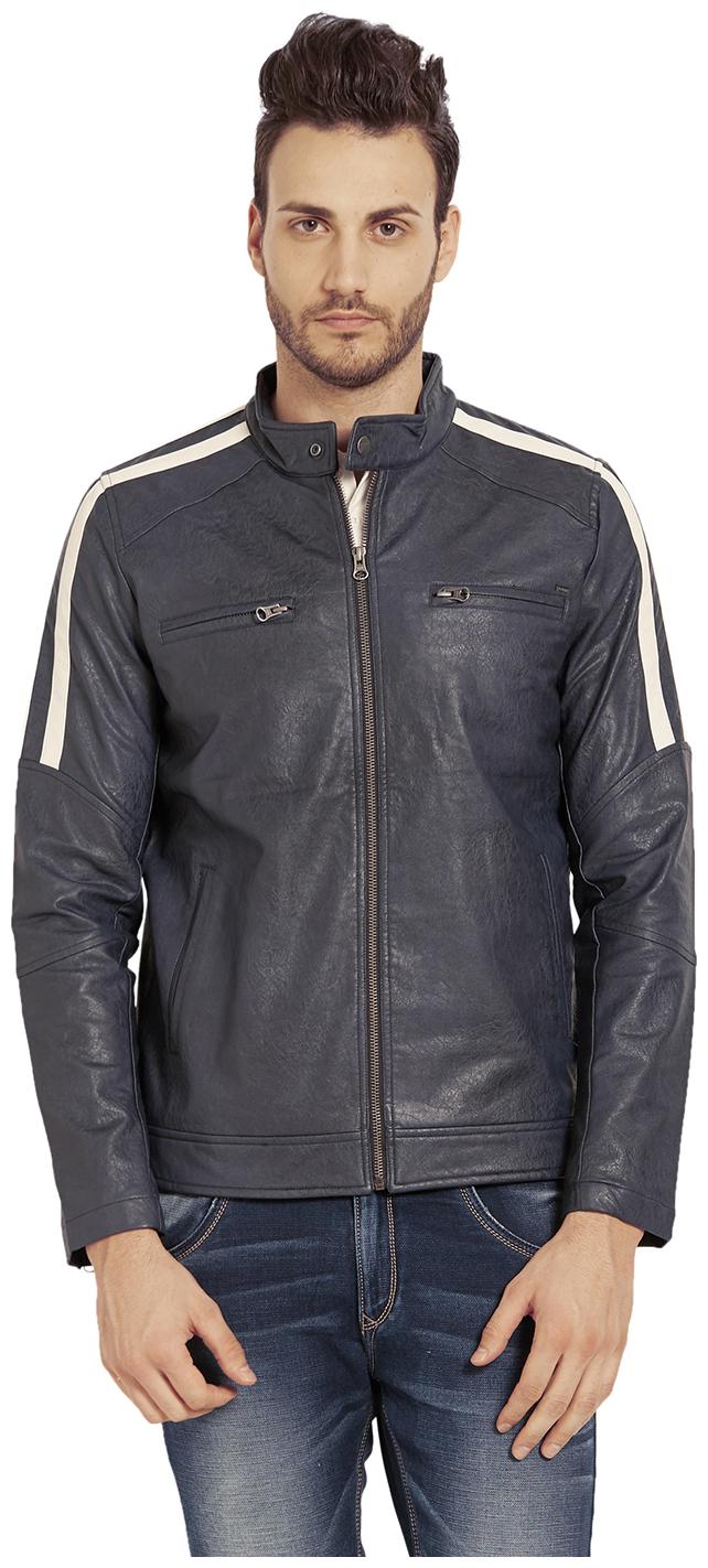 

Spykar Men Grey Solid Leather jacket