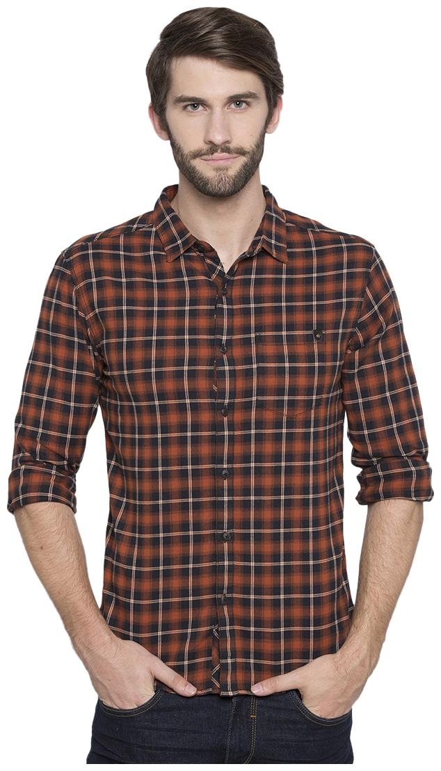 

Spykar Men Orange Checked Slim Fit Casual Shirt