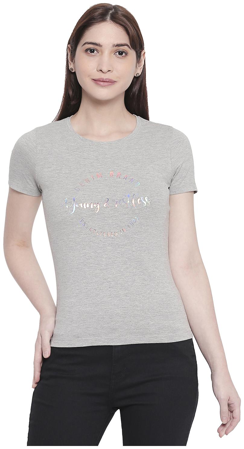 

Spykar Women Grey Regular fit Round neck Cotton T shirt