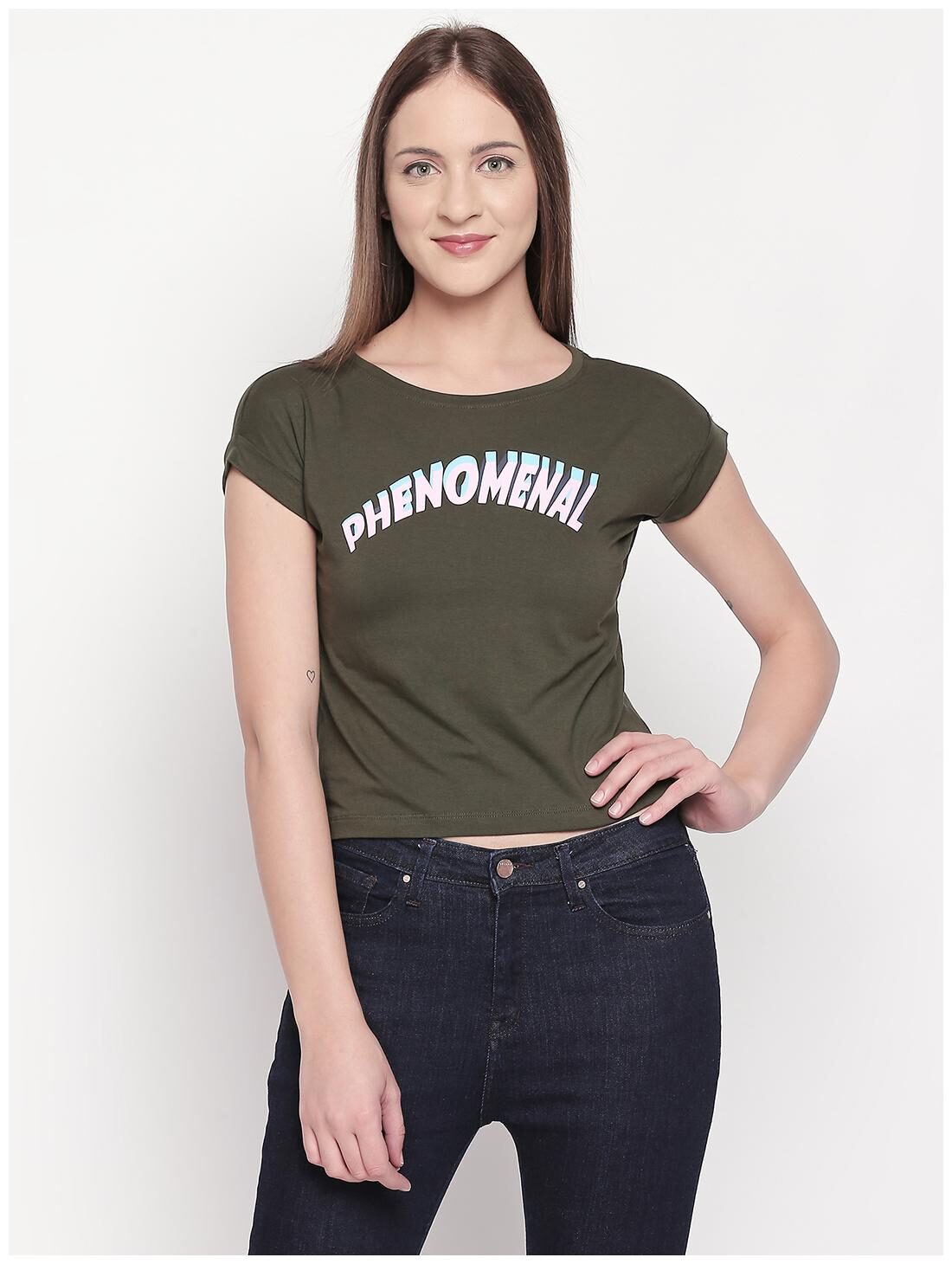 

Spykar Women Green Slim fit Round neck Cotton T shirt