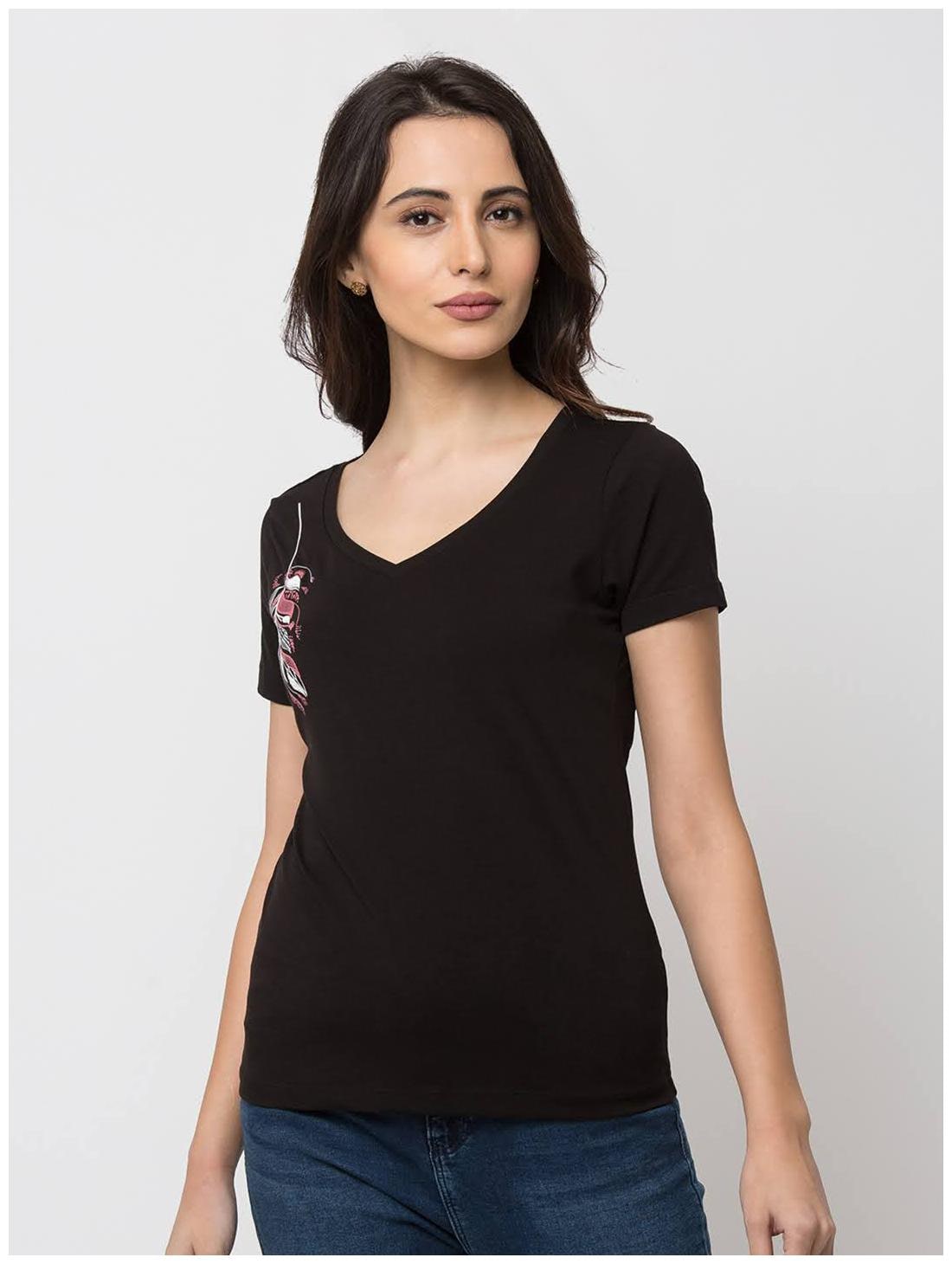 

Spykar Women Black Slim fit V neck Cotton T shirt