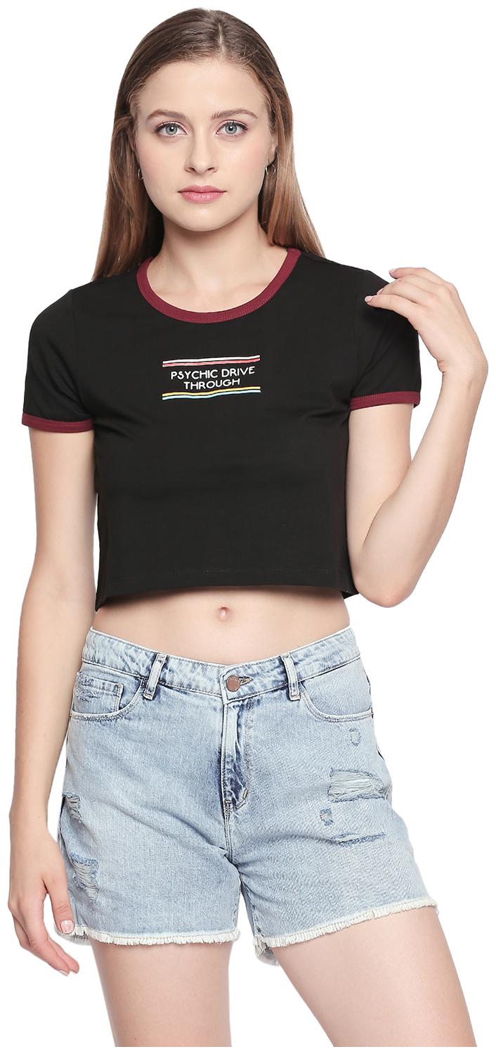 

Spykar Women Black Slim fit Round neck Cotton T shirt