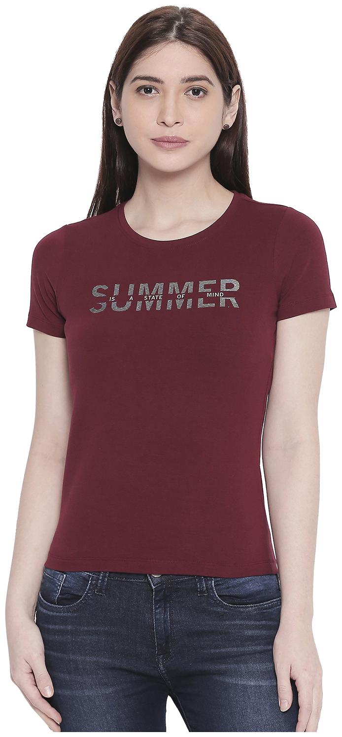 

Spykar Women Maroon Regular fit Round neck Cotton T shirt