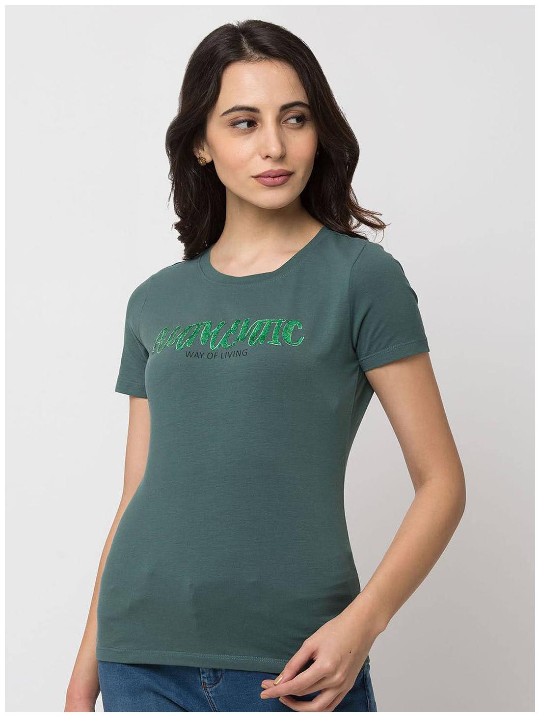 

Spykar Women Green Slim fit Round neck Cotton T shirt