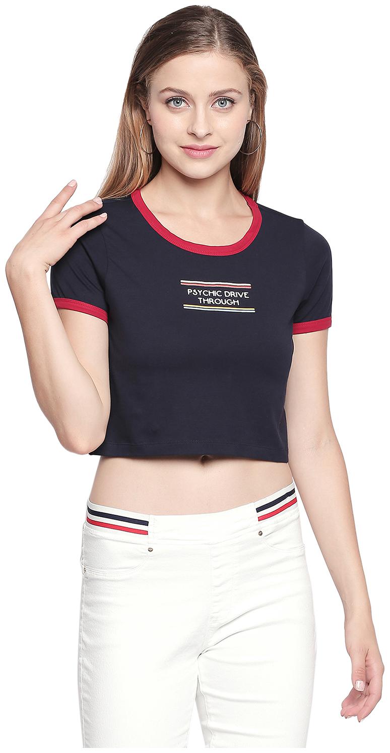 

Spykar Women Cotton Printed Navy Blue T Shirt