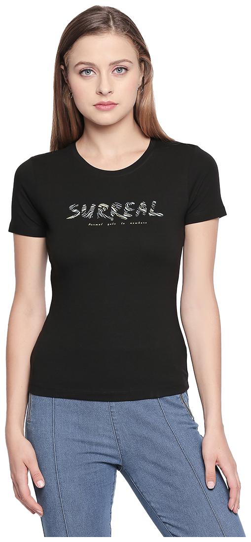 

Spykar Women Black Slim fit Round neck Cotton T shirt