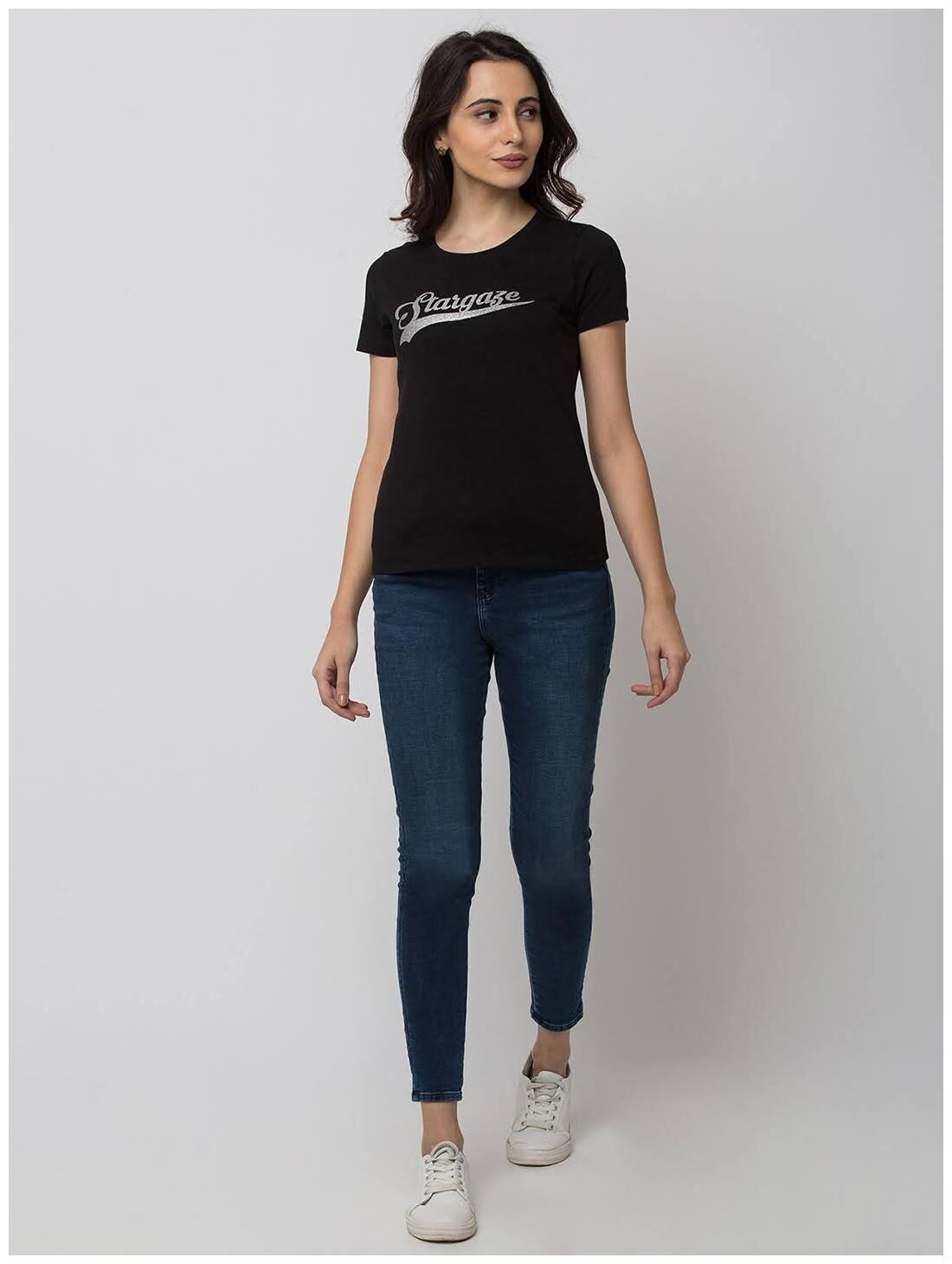 

Spykar Women Black Slim fit Round neck Cotton T shirt