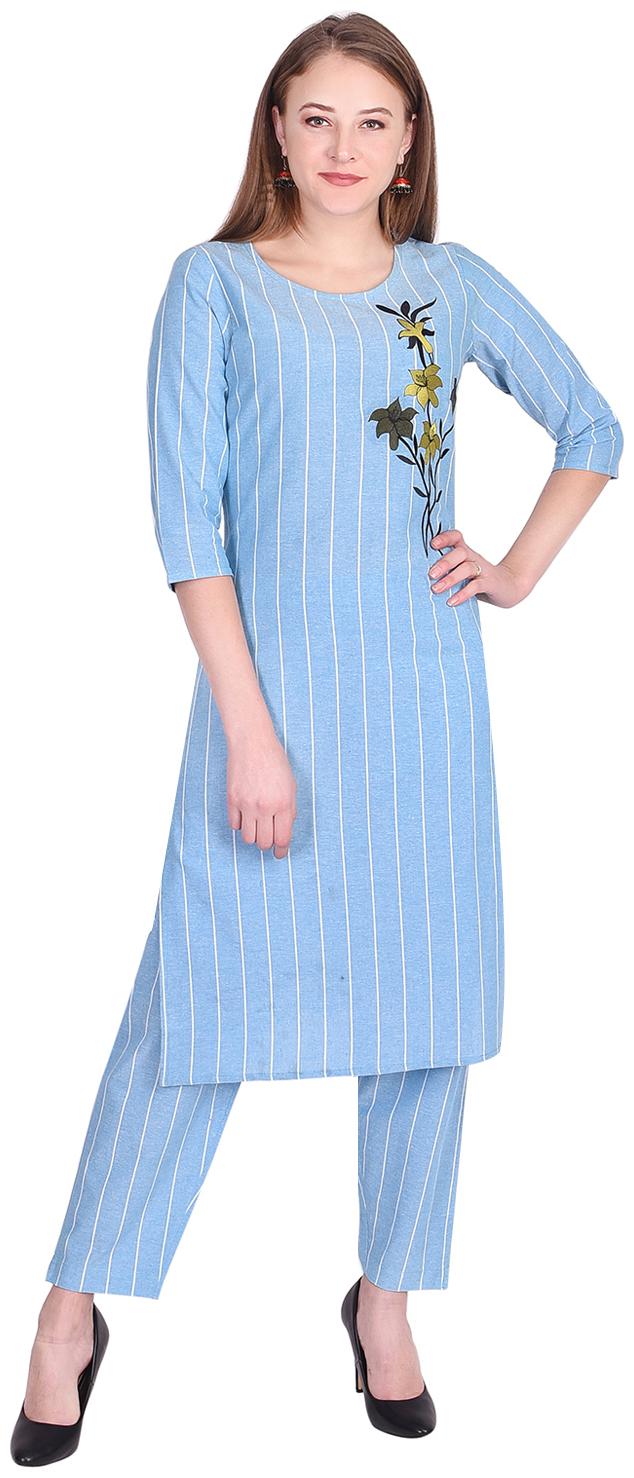 

SSARA Women Blue Striped Straight Kurti With Pants