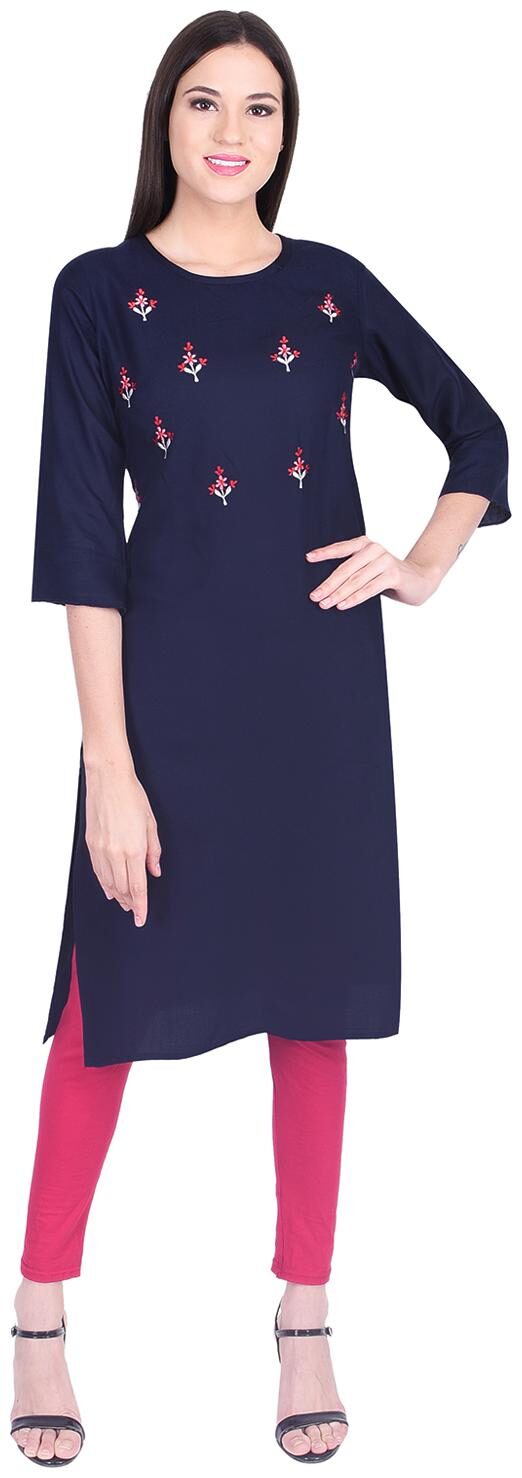 

SSARA Women Navy Blue Embroidered Straight Kurta