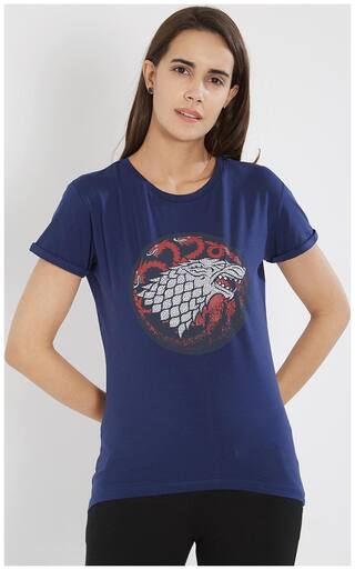 Status Quo Women Blue Slim fit Round neck Polyester T shirt