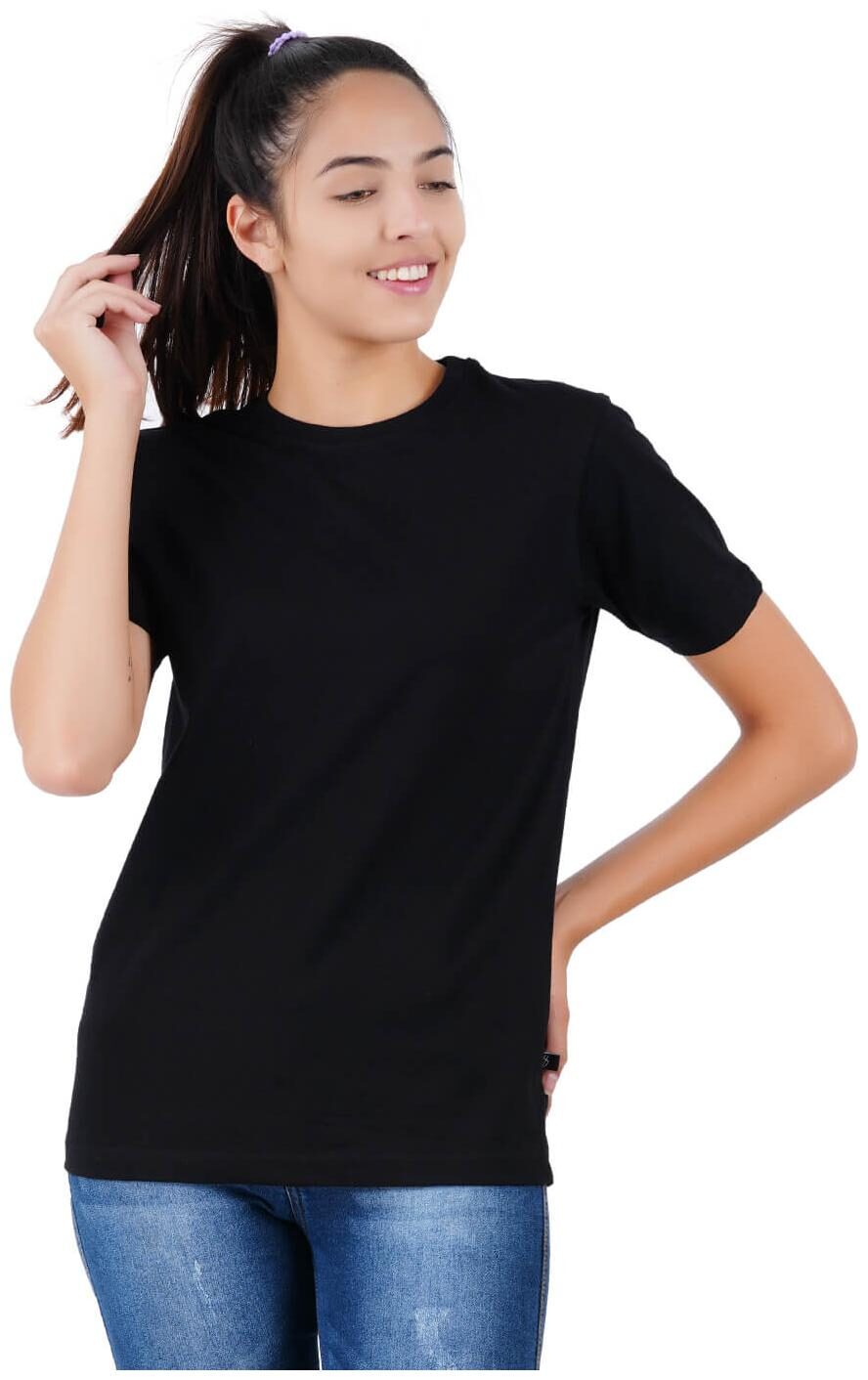 

stoovs Women Black Regular fit Round neck Cotton T shirt