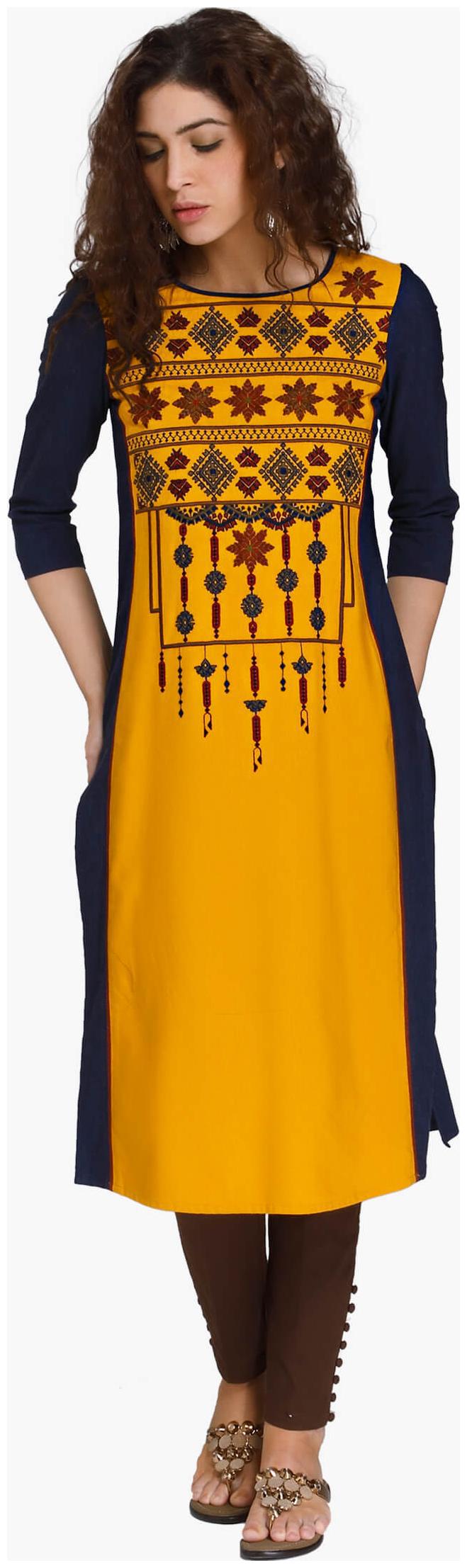 

NAARI Women Yellow Embroidered Straight Kurti