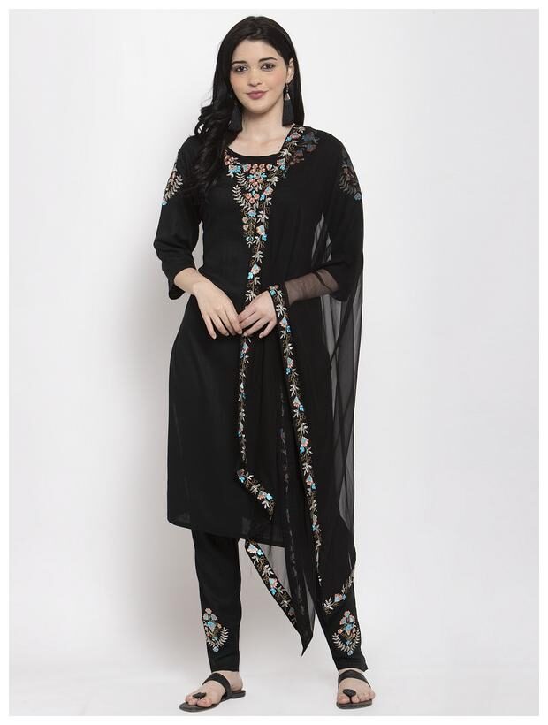 

Style Access Embroidery Work Kurti And Pants With Dupatta Set (Black)