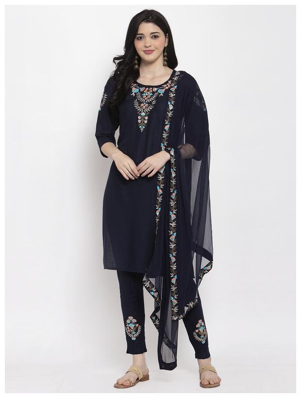 

Style Access Embroidery Work Kurti And Pants With Dupatta Set (Navy Blue)