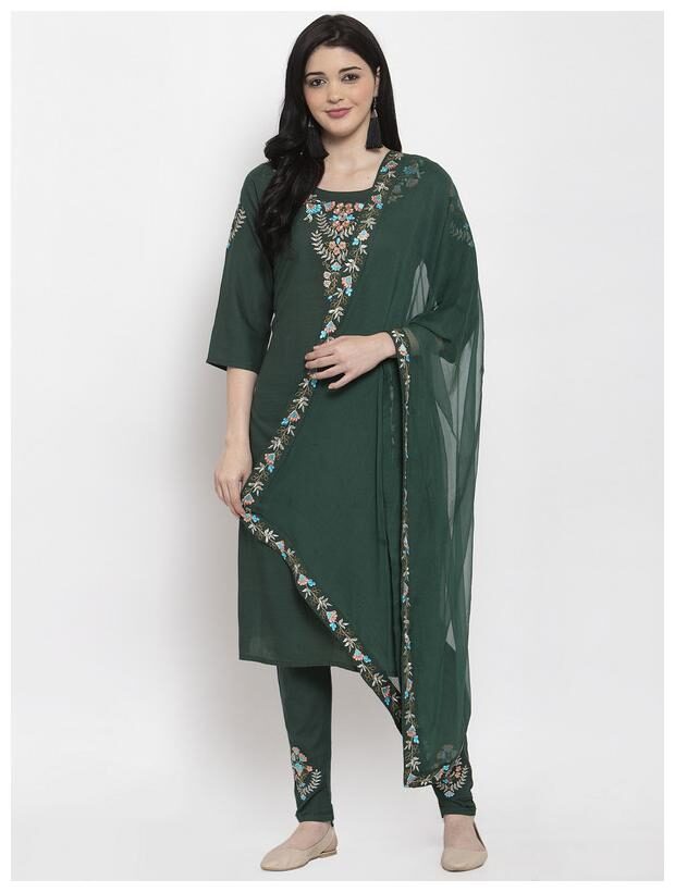 

Style Access Embroidery Work Kurti And Pants With Dupatta Set (Green)