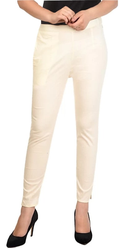 

Style Access Cotton Solid Cream Regular Pants For Women
