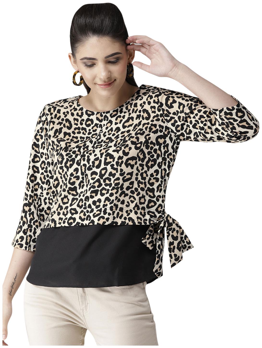 

Style Quotient Women Polyester Animal Print Regular Top Beige