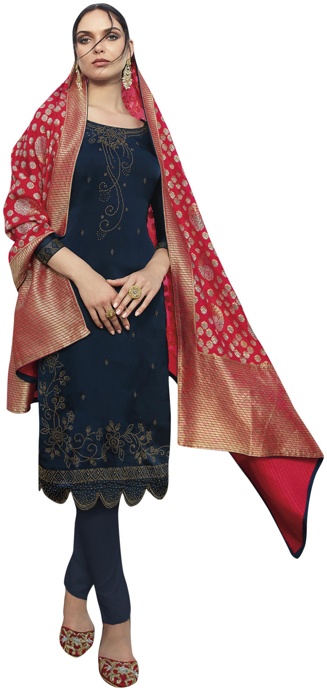 

Stylee Lifestyle Women Satin Navy Blue Dress Material