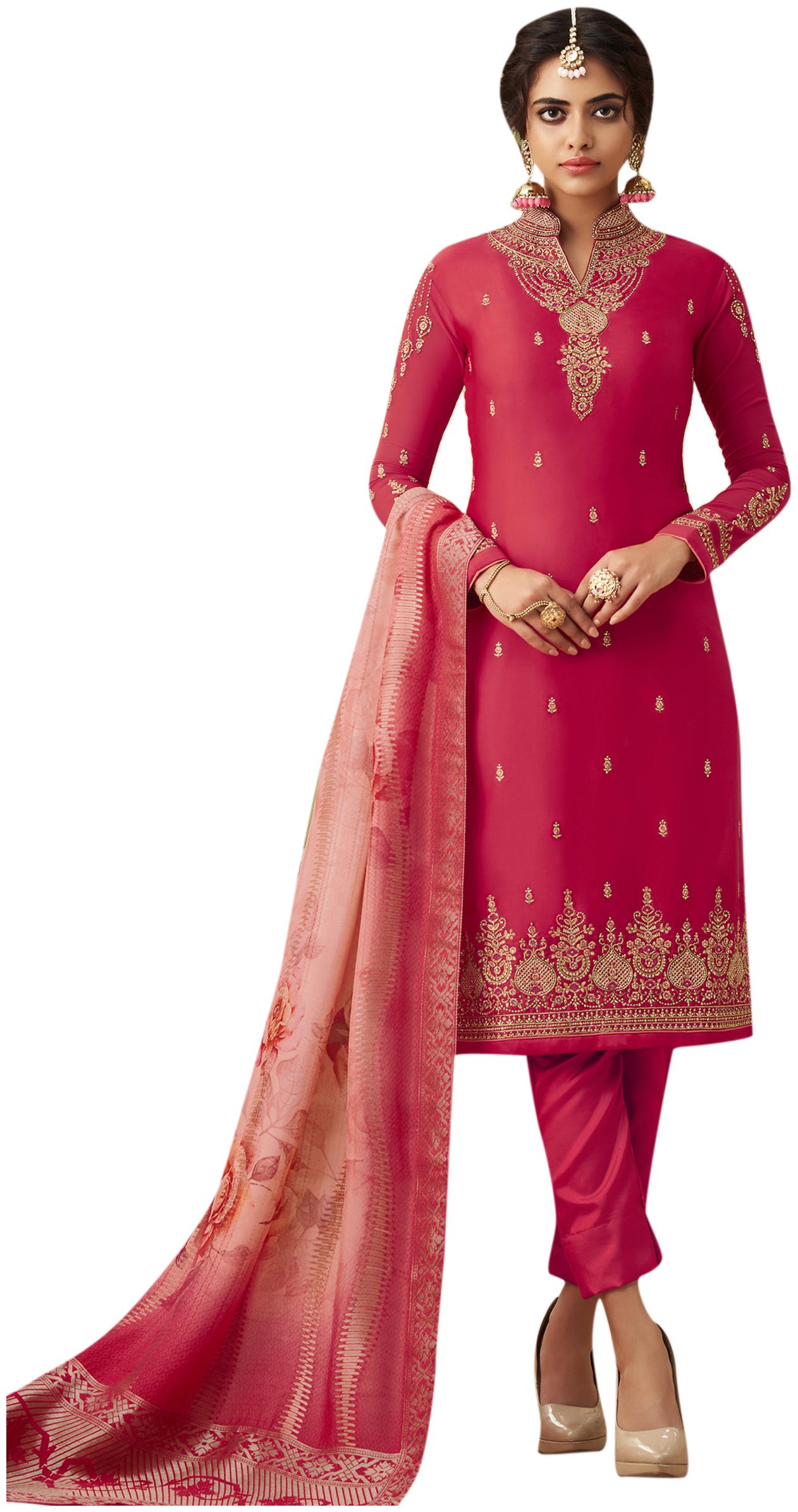 

Stylee Lifestyle Women Satin Embroidered Semistiched Pink Dress Material