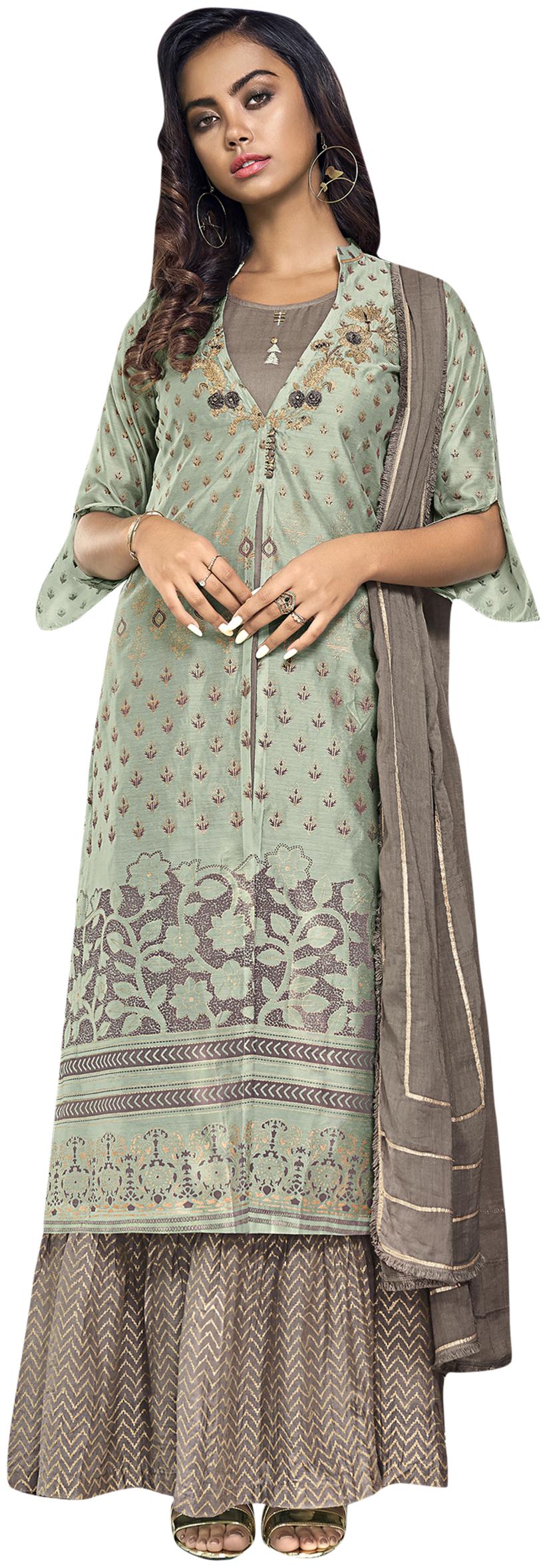 

Stylee Lifestyle Women Chanderi Silk Green Dress Material