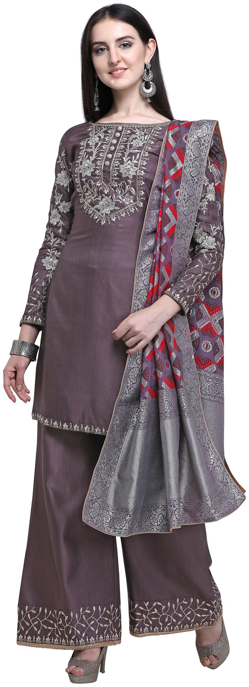

Stylee Lifestyle Brown Art Silk Embroidered Dress Material