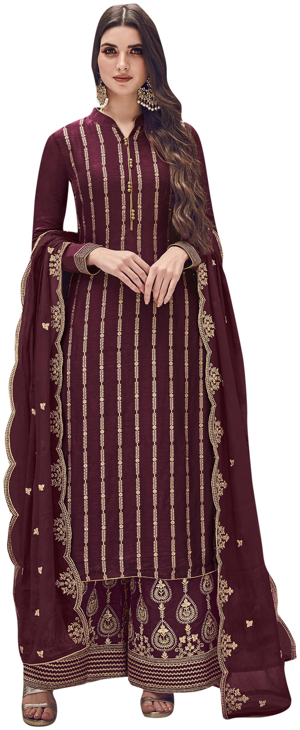 

Stylee Lifestyle Women Dola Silk Wine Dress Material