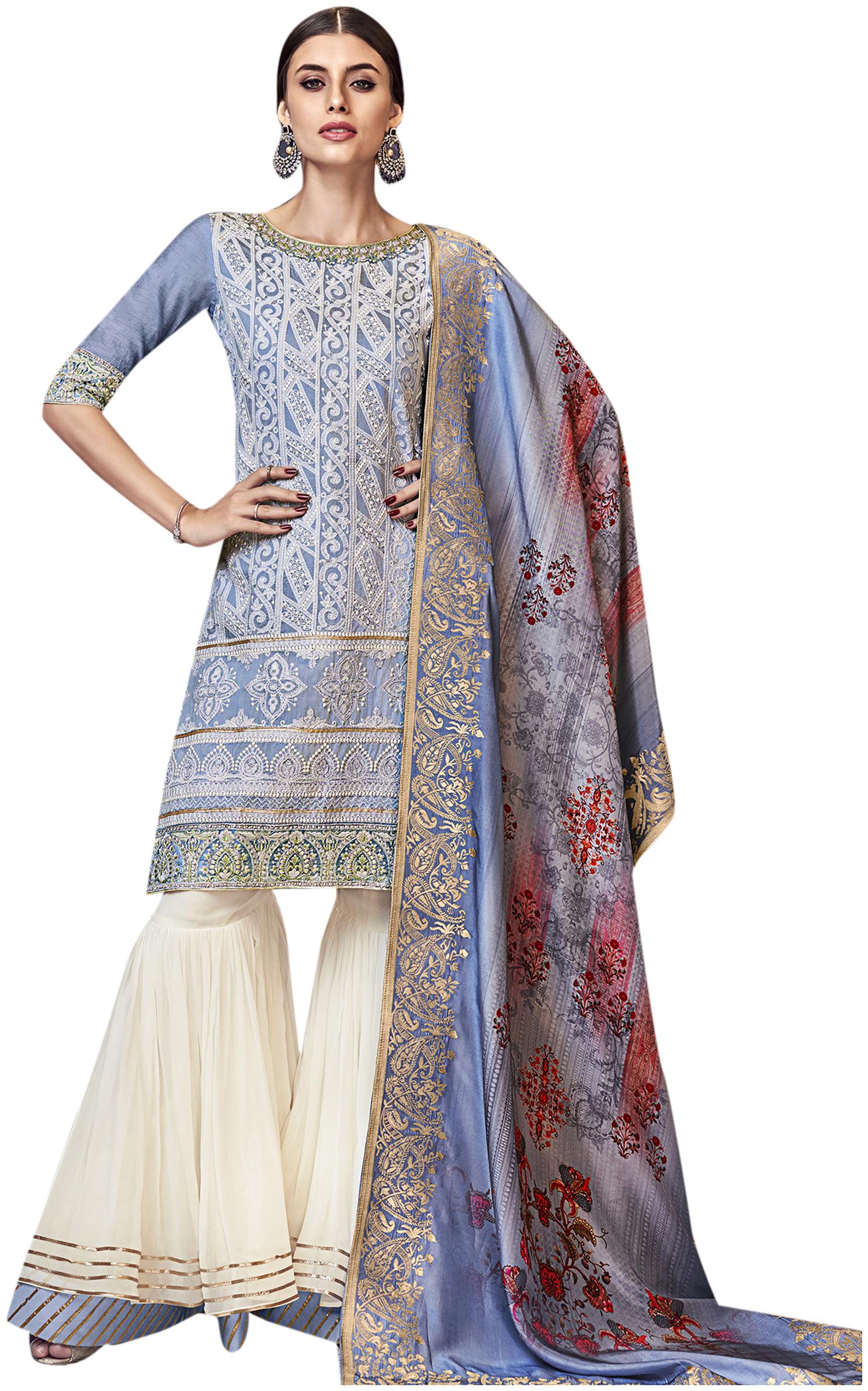 

Stylee Lifestyle Women Chanderi Embroidered Kurta Bottom Dupatta Blue Beige