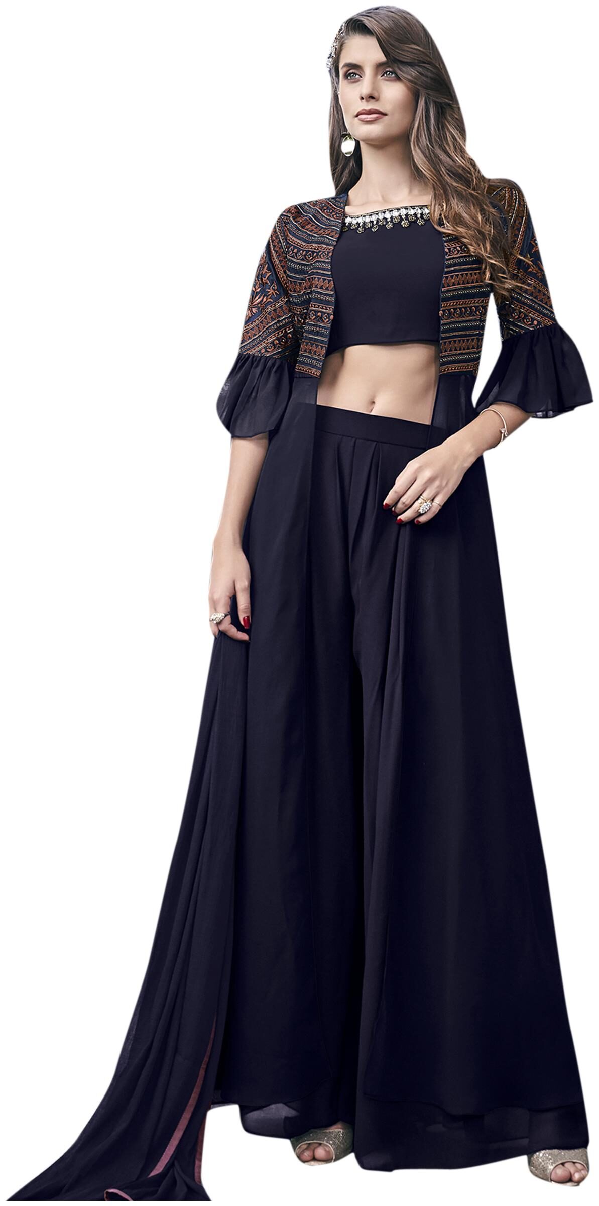 

Stylee Lifestyle Women Georgette Embroidered Kurta with Bottom Dupatta Navy Blue