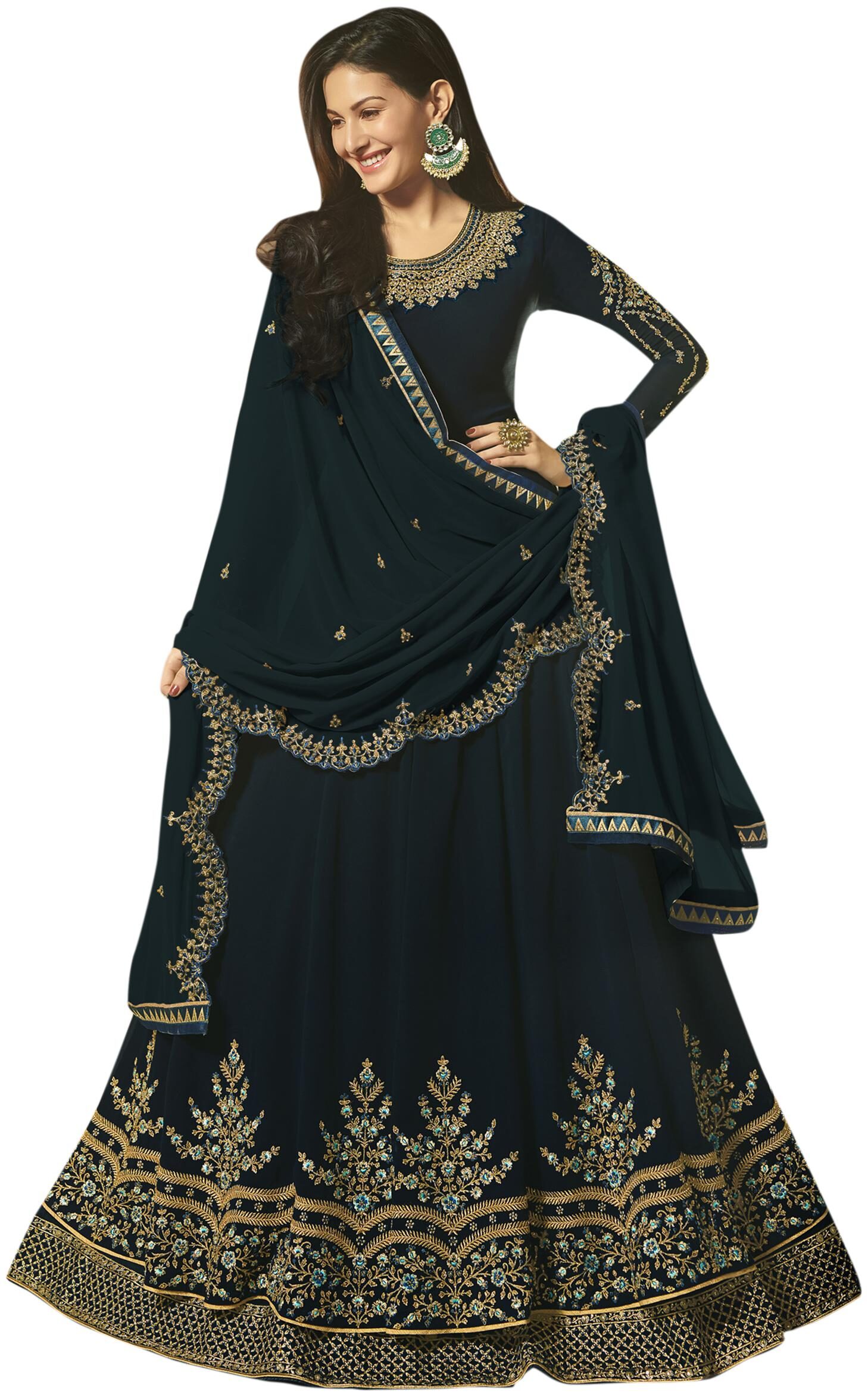 

Stylee Lifestyle Navy Blue Satin Embroidered Dress Material