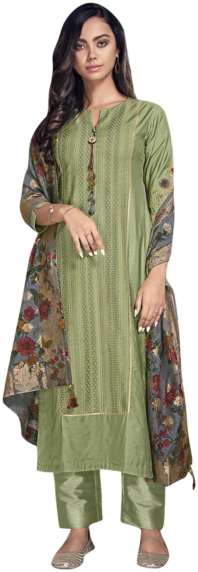 

Stylee Lifestyle Women Chanderi Silk Green Dress Material