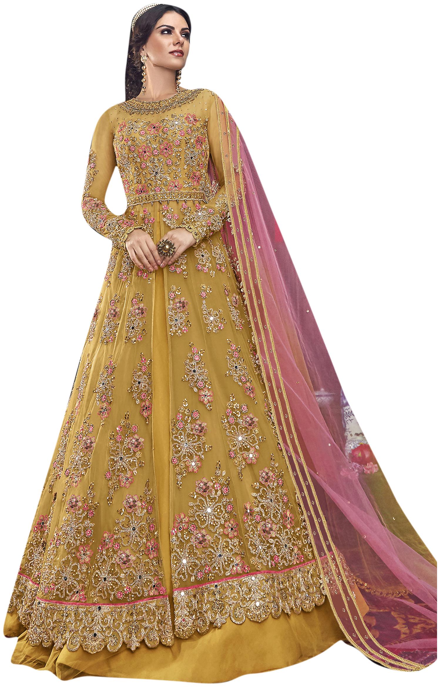 

Stylee Lifestyle Yellow Net Embroidered Dress Material
